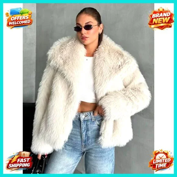Faux Fur Coat Fluffy Cropped Jacket Long Sleeve Lapel Open Front Warm - Picture 2 of 7